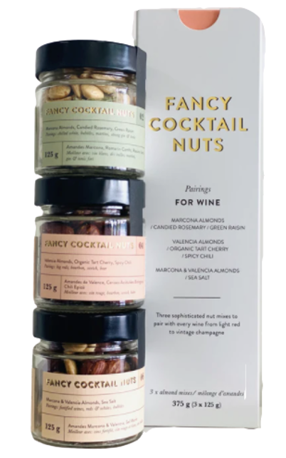 Trio for Wine Nut Pairings - Three different sophisticated nut mixes to pair with every wine from light red to vintage champagne. Made by an artisan right here in Toronto. 