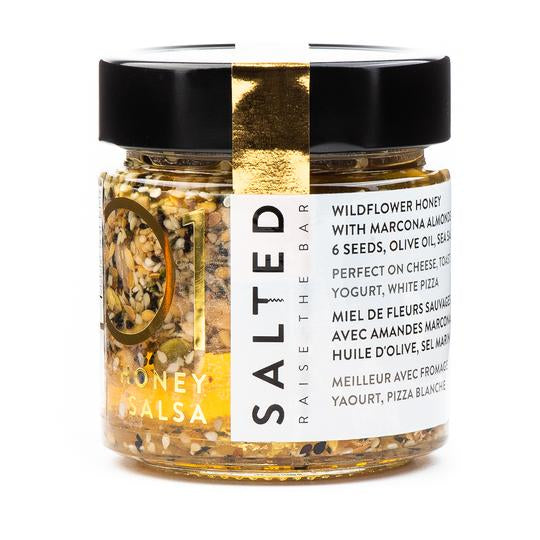 Honey Salsa - Wildflower honey with marcona almonds, 6 seeds and Olive Oil. Produced right here in Toronto by a pair of local artisans